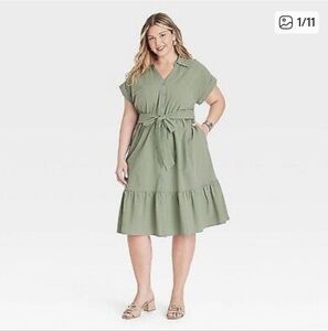 NWT Ava & Viv sz 3X Sage Green Tiered Button Down Gauze Mini Shirt Dress